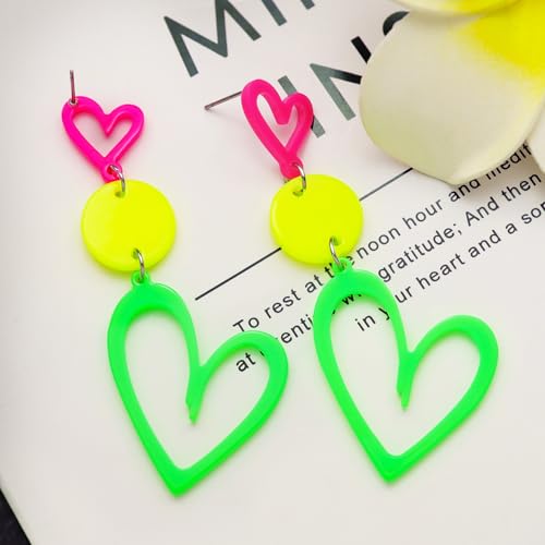 RechicGu 80s 90s Neon Heart Hoop Earrings for Glow Party, 70s Retro Outfit Jewelry Accessories Gift for Women,Acrylic Round Drop Dangle Earring for Halloween Costume Rose Red Green Yellow3