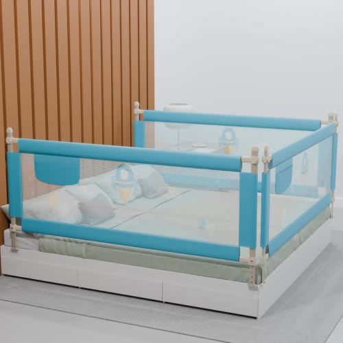 Image of BAYBEE Baby Bed Rails Guard (180Lx63H cm) Bedrail for Baby Kids Safety, Portable Bed Rail Falling Protector Fence with Adjustable Height, Foldable Beds Rail for New Born Babies, Pack of 3, (Blue)