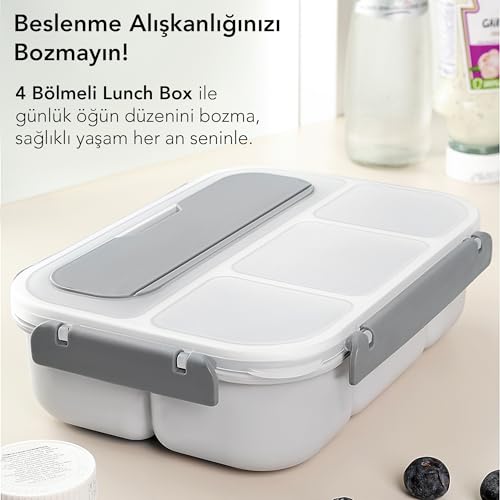 Sızdırmaz Contalı Yemek Kabı - 4 Bölmeli Çatal Kaşıklı Diyet Beslenme Kutusu Lunch Box Gri