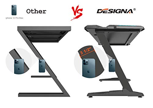 DESIGNA Gaming Desk with LED Lights, 44.5 inch Computer Desk Z-Shaped with Mouse Pad, Handle Rack, Cup Holder, Headphone Hook, Black - Thumbnail 2