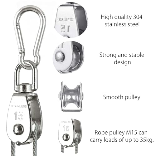 8 Stück Umlenkrollen für Seile Klein, Flaschenzug Set Enthalten 4 Stück Umlenkrolle M15 & 4 Stück Karabiner M4, Edelstahl Seilrolle, Schalen Riemenscheibe für Drahtseile Seile Bis 6.7 mm Durchmesser