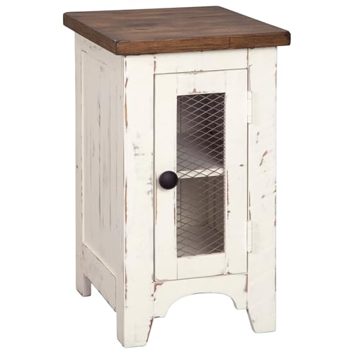 Signature Design by Ashley Wystfield Farmhouse Chair Side End Table with Cabinet Door for Storage, White & Brown with Distressed Finish