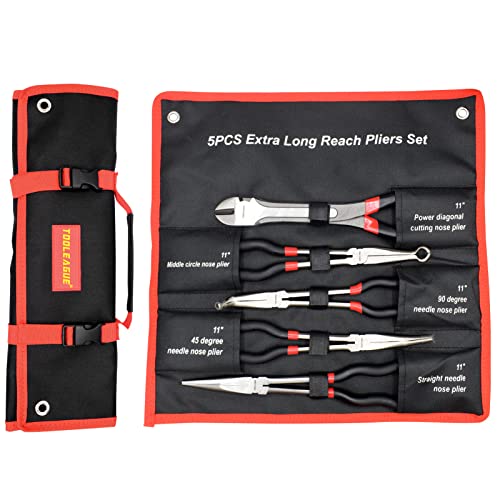 Image of TOOLEAGUE 5Pcs Extra Long Needle Nose Pliers Set, 11 inch Long Reach Straight,45 /90 Degree Bent Nose,Diagonal Pliers and O-shape Tip Craft Repairing Tool