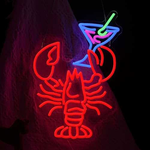 Image of Lobster Cocktail Neon Sign for Wall Decor USB Powered Funny Shrimp Martini Neon Light Dimmable LED Bar Crawfish Light Up Sign for Party Seafood Restaurant Bedroom Bar