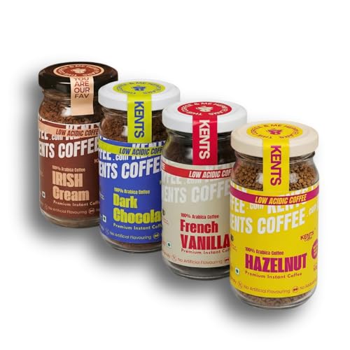 Image of Kents Coffee Pack of 4 Best Flavoured Coffee Vanilla, Dark Chocolate, Irish, Hazelnut | LOW ACIDIC COFFEE COMBO |100% Arabica Powder | No Added Sugar | CHIKMAGALUR | SINGLE ESTATE | Perfect for Hot & Cold Cups | Espresso, Latte & Flavoured Brew | Natural Flavour
