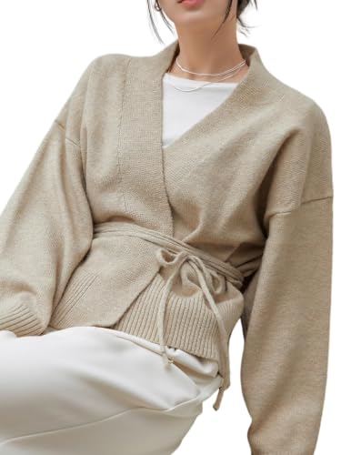 Image of WDIRARA Women's Wrap Long Sleeve Tie Front Cardigan | V Neck, Belted Sweater, Casual, Long Sleeve, Tie Waist, Knit Top