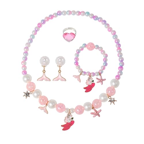 Trendz Accessories Mermaid and Heart Jewelry Set for Girls Beaded Necklace Charm Bracelet Earrings and Adjustable Ring Colorful Fashion Accessories (Mermaid)