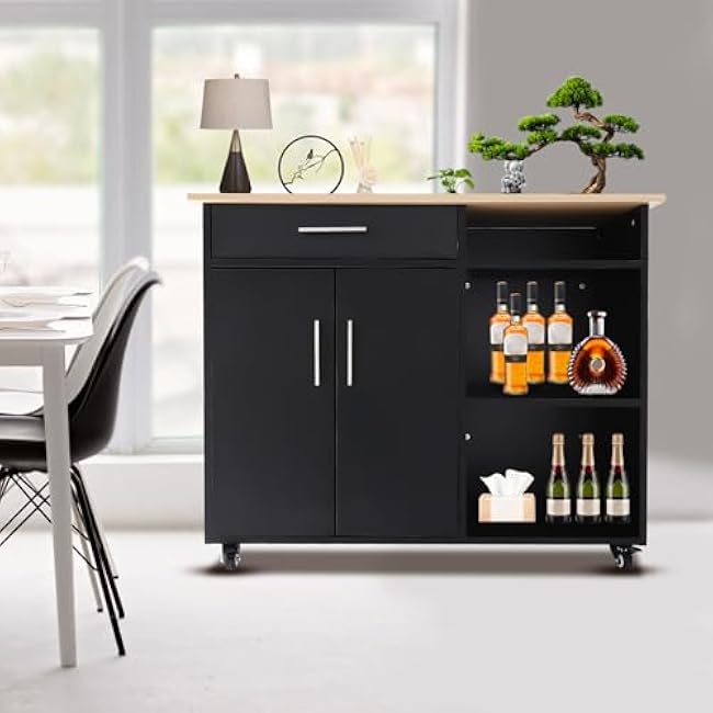Rolling Kitchen Island Side Table on Wheels - Modern Black Kitchen Cart with Large Storage, Silent Wheels, and Multi-Functional Use for Home Decor-mXdlec7k