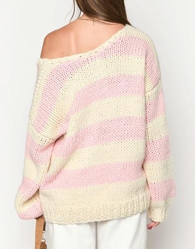 Oversized Knit Sweaters for Women Crewneck Long Sleeve Striped Loose Fit Drop Shoulder Jumpers Y2k Aesthetic Clothes4