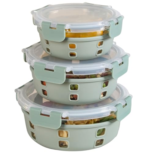 Image of Nestasia Gripso Glass Containers Set of 3 (400ml, 600ml, 950ml) with Silicone Sleeve & Locking Lid, Microwave, Dishwasher & Freezer Safe Round Food Storage Containers (Green)