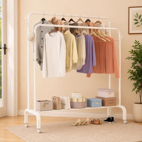 Image of HIWARE Metal Multifunctional Garment Stand Cloth Rack Freestanding Storage Organizer Stainless Steel Spider Strainer Ladle, 5.4 Inch - 150 x 110 x 40 CM ((Rail-White)