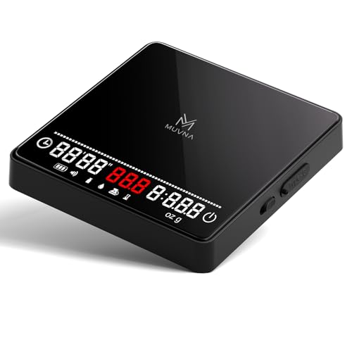 Espresso Coffee Scale with Timer and Flow Rate - MUVNA 2kg/0.1g Precision Rechargeable for Pour Over, Coffee Bean Weight, Mini Portable LED Display 4 Modes, Black