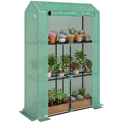 Outsunny Serre de Jardin PE avec étagères 3 Niveaux, Serre de Balcon, bâche renforcée 135 g/m², châssis en Acier, Porte zippée Enroulable, pour légumes...