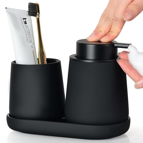 Umlaca ソープディスペンサー 3点セット 陶器 泡ハンドソープディスペンサー 手動、収納トレイ、歯ブラシホルダー、洗面セット ポンプ式 320ml 詰め替えボトル バスルームアクセサリー 北欧 収納サニタリーセット 洗面所 トイレ ホテル お風呂場