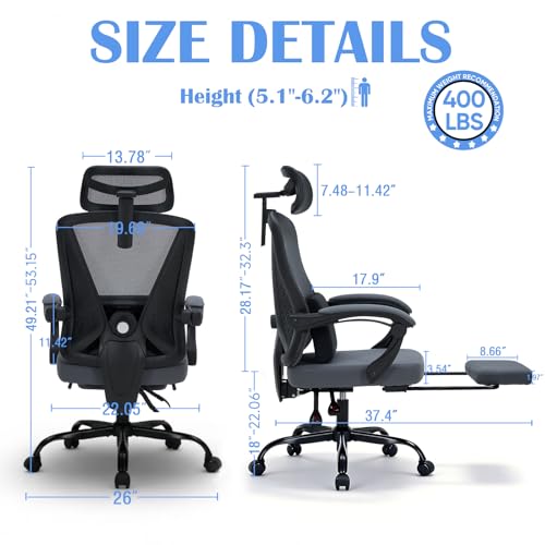 Image of Ergonomic Office Desk Chair with Foot Rest - Adjustable Lumbar Support & Headrest, 90-160 Reclining Mesh Back Computer Chair - Home Office /Gaming for Adults, 400lbs Capacity (Gray)