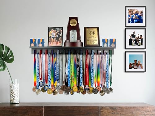 Image of MedalAwardsRack 3ft- Ultimate Medal Hanger Display and Trophy Shelf - Multi-Sport Trophy and Medal Holder for Medal Display, Plaques, Pictures, Trophies and more. Solid Wood - Large 36 inch - Black