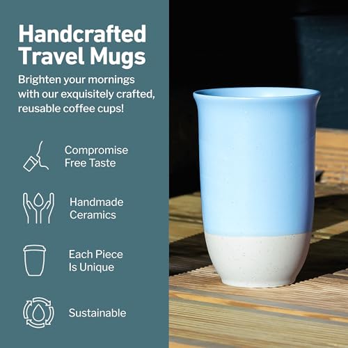 Image of NOVA CERAMICS Travel Mug - Ceramic Coffee Mug With Lid - Microwave & Dishwasher Safe Coffee White & Grey Tumbler - Fits In Cup Holder - 12oz - Coastal Drift