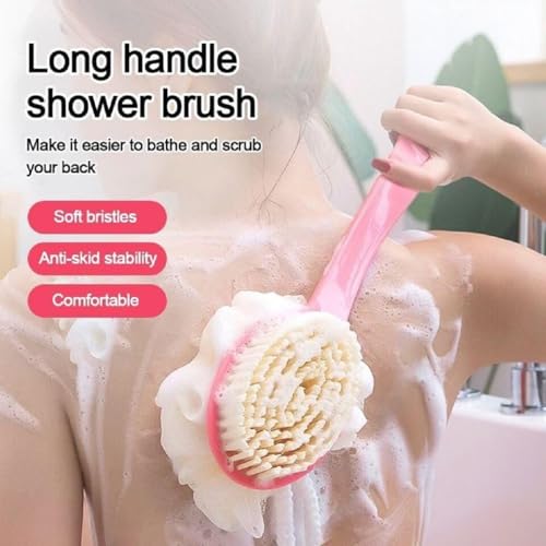Image of 2-in-1 Loofah & Bristle Bath Brush - Curved Back Scrubber with Long Handle for Body Cleaning (Multicolour Mix)