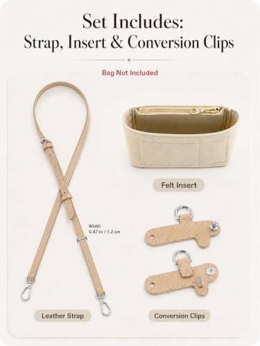 Image of Purse Organizer Insert & Leather Strap Conversion Kit Set, Compatible with Longchamp Le Pliage Mini Bag - Felt Inner Liner & Adjustable Shoulder Strap, Beige Insert & Beige Strap