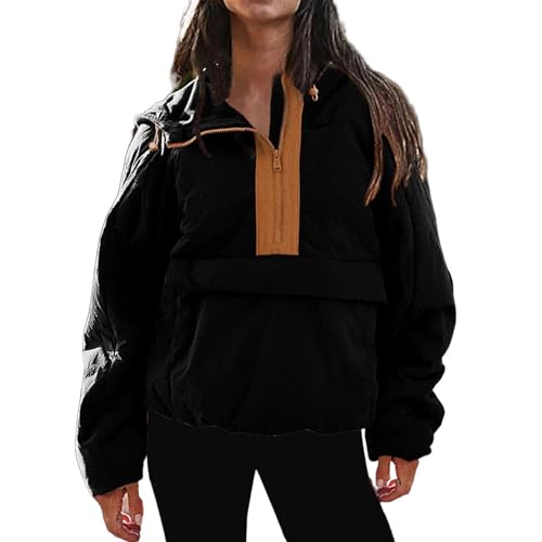Womens Oversized Puffer Pullover Jacket Half Zip Puffer Coat Lightweight Quilted Hoodie with Drawstring