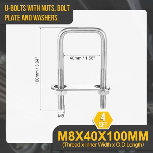 Image of DTGN M8x40x100mm U Bolts Square Kit - 4Set - 304 Stainless Steel U-Bolt Kit with Nuts, Washers, Frame Plate - Good for Pipe, Trailer, Automotive, Leaf Spring Fastener