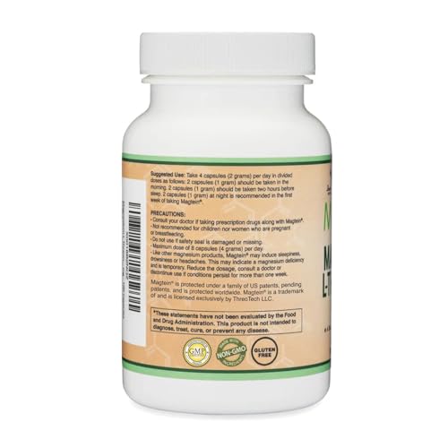 Magnesium L Threonate, Magtein, Sleep and Cognitive Support – High Absorption – Most Bioavailable Form of Magnesium – 2,000 mg – 120 Capsules
