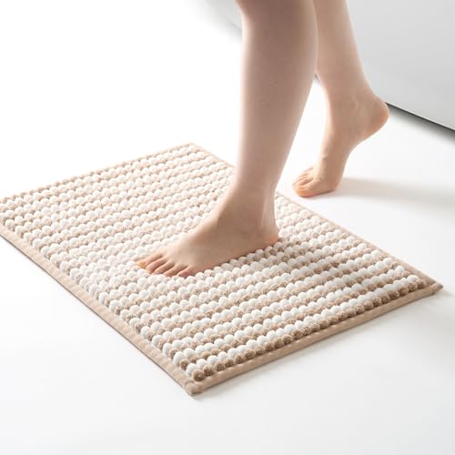 Image of FRESHMINT Chunky Ombre Chenille Bathroom Rug 17"x24", Small Water Absorbent Soft Bath Rugs for Bathroom Floor, Thick Non Slip Bath Mat Washable Quick Dry Shower Mats, Beige and White
