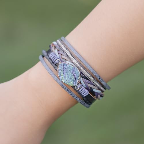 FANCY SHINY Braided Leather Bangle Bracelets Boho Resin Stone Wrap Bracelets Stackable Cuff Bracelets with Magnetic Clasp for Women3