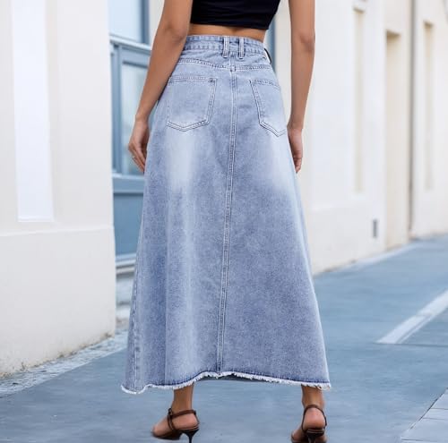Akivide Womens Trendy Denim High Waist A Line Frayed Hem Maxi Skirt Casual Loose Stretchy Slim Fit Long Skirts with Pockets3