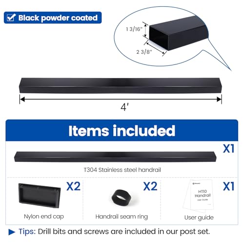 image for Muzata 4FT Black Cable Railing Handrail Rectangular Stainless Steel Ha