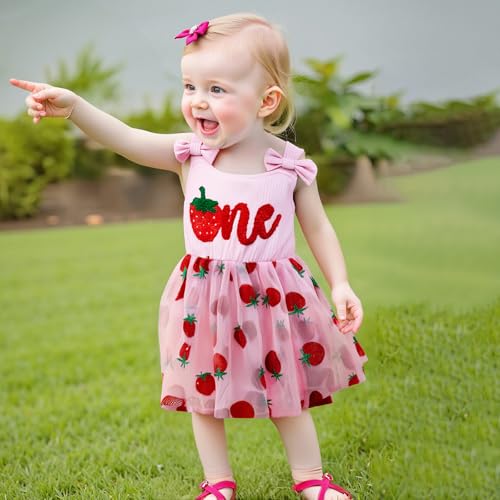Emmababy Baby Girl Strawberry Romper Dress Smocked Tutu Bodysuit Fruit Overalls Strawberry Birthday Outfit Summer Clothes3