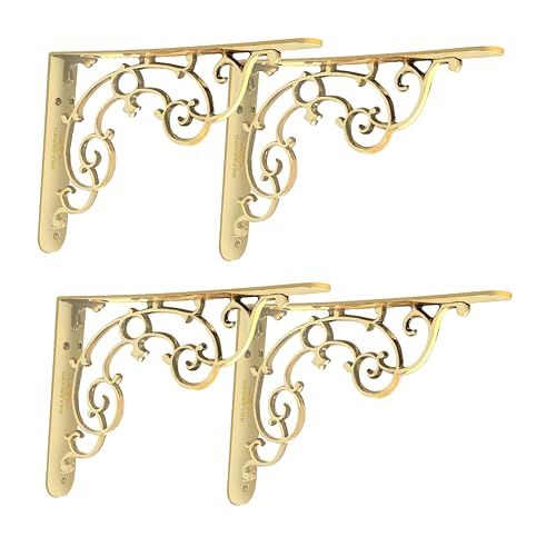 Image of Metal Handcrafted Shelf Bracket for Floating Shelves, L Angle Decorative L Shaped Corner Brace Joint Heavy Duty Wall Mounted Shelf Supporter, Corner Brace Holder | (Pack of 2 Pair, Gold)