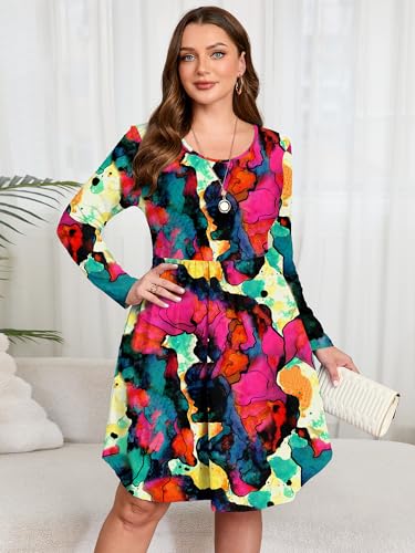 Image of AusLook Women's Plus Size Long Sleeve Midi Dress Casual Empire Waist Loose Flowy Dresses A-Line Boho Long Dress with Pockets