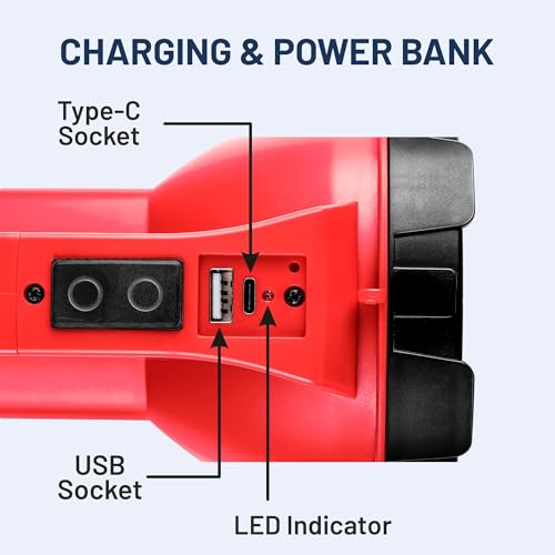 Image of RISING Thunder Gold Rechargeable 5W LED Torch with Emergency Sidelight | 4000mAh Li-ion Battery | Type-C Fast Charging with Power Bank Option| 1KM Long Range Beam | Upto 12 Hours Backup