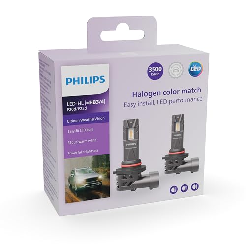 Image of Philips WeatherVision LED car headlight bulb (HB3 /HB4), ultra-compact direct-fit, Halogen color match, easy install, LED performance, 3500K, set of 2