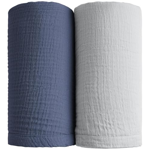 Winmany 2Pack Baby Muslin Swaddle Blankets Newborn Boy Girl Nursery Receiving Blanket Swaddling Wrap Baby Essentials for All Year 100x100cm/40x40in (Blue+Grey)