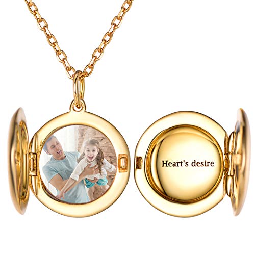 Customized Round Photo Locket Necklace 18K Gold Plated 925 Sterling Silver Full Color Photo Print Pendant Back Side Text Engrave Memorial Gift for Women Girls, Chain 18