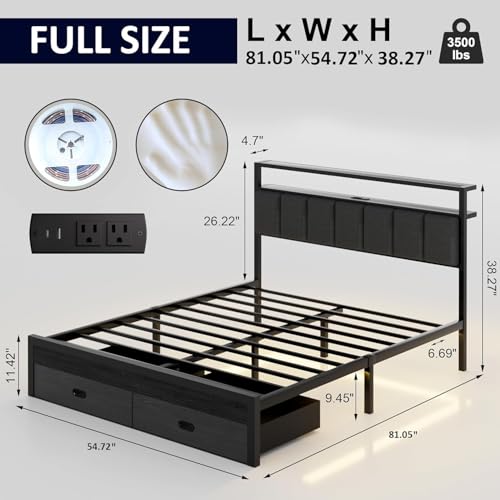 Image of Full Bed Frames with Storage Drawer, Platform Bed with Charging Station and LED Lights, Upholstered Headboard with 2-Tier Storage Shelves, No Box Spring Needed