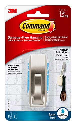 Flash Deals - 40% OFF Command Modern Reflections Medium Metal Bath Hook, Medium, Satin Nickel, 1-Hook with Water-Resistant Strips, Organize Damage-Free