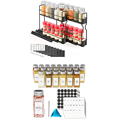 SpaceAid Pull Out Spice Rack Organizer for Cabinet, 2 Drawers 2-Tier, 24 Pcs Spice Jars with Labels