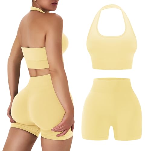 OLCHEE Workout Sets for Women 2 Piece Backless Halter Sports Bra High Waist Booty Shorts Yoga Gym Outfits Lounge Activewear - Solid Yellow Medium