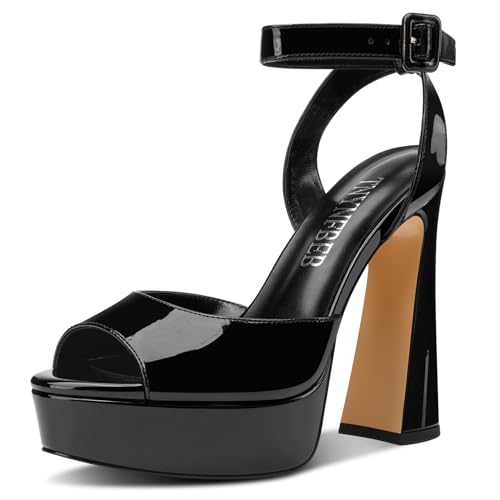 TNYNFBEB Womens Chunky Block High Platform Heel Peep Open Toe Sandals Ankle Strap Buckle Prom Dress Patent Leather 5.1 Inches Heels