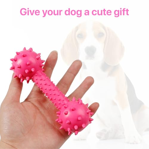 Image of Durable Chew Toy Dumbbell for Dogs and Cats - Durable Soft Natural Rubber Squeaky Spiky Dumbbell |Dental Teething Cleaning Chew Toy(Pink)