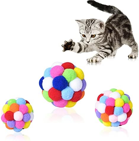 smatime Cat Toys Balls 3Pcs Cat Pompoms Balls with Bell Colorful Pet Plush Bouncy Ball Chewing Toys Interactive Cat Toys Scratch Toy for Cats Kitten Indoor Outdoor Playing Chewing Scratching L M S