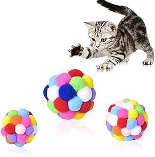 smatime Cat Toys Balls 3Pcs Cat Pompoms Balls with Bell Colorful Pet Plush Bouncy Ball Chewing Toys Interactive Cat Toys Scratch Toy for Cats Kitten Indoor Outdoor Playing Chewing Scratching L M S