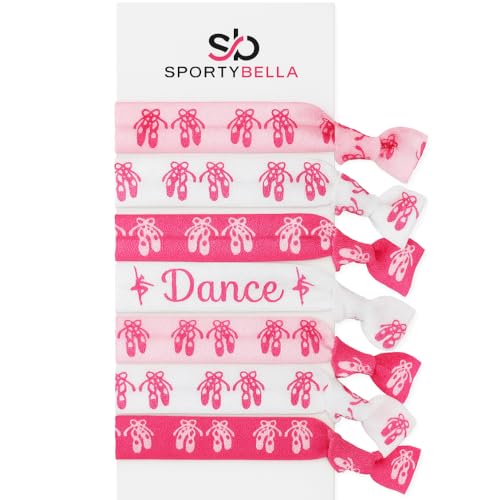 SportyBella Ballet Hair Ties – 7-Pack No-Crease Hair Elastics with Ballerina Print and Heart Charm – Dance Accessories and Gifts for Girls, Teams Favors, or Recitals