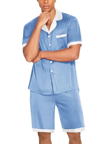 Image of Ekouaer Men Satin Silk Pajamas Set with Pockets Sleepwear Shorts Satin Summer Loungewear 2 Piece Button Down Set S-3XL, Blue, Large
