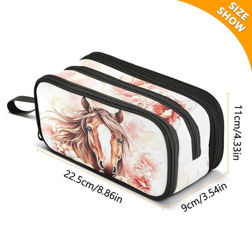 Image of Brown Horse Watercolor Flower Pencil Case Box Boys Girls Large Pencil Pouch Zipper Compartments Big Capacity Stationery Pen Bag Organizer for Kids Teens Adults School Office