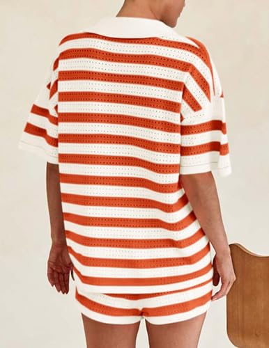 Image of PRETTYGARDEN Women's 2 Piece Shorts Sets Casual Summer 2025 Short Sleeve Striped Sweater Set Matching Beach Vacation Outfit