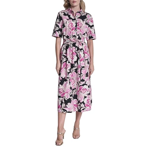 Image of DKNY Women's Short Sleeve Cotton Poplin Collared Midi Shirtdress